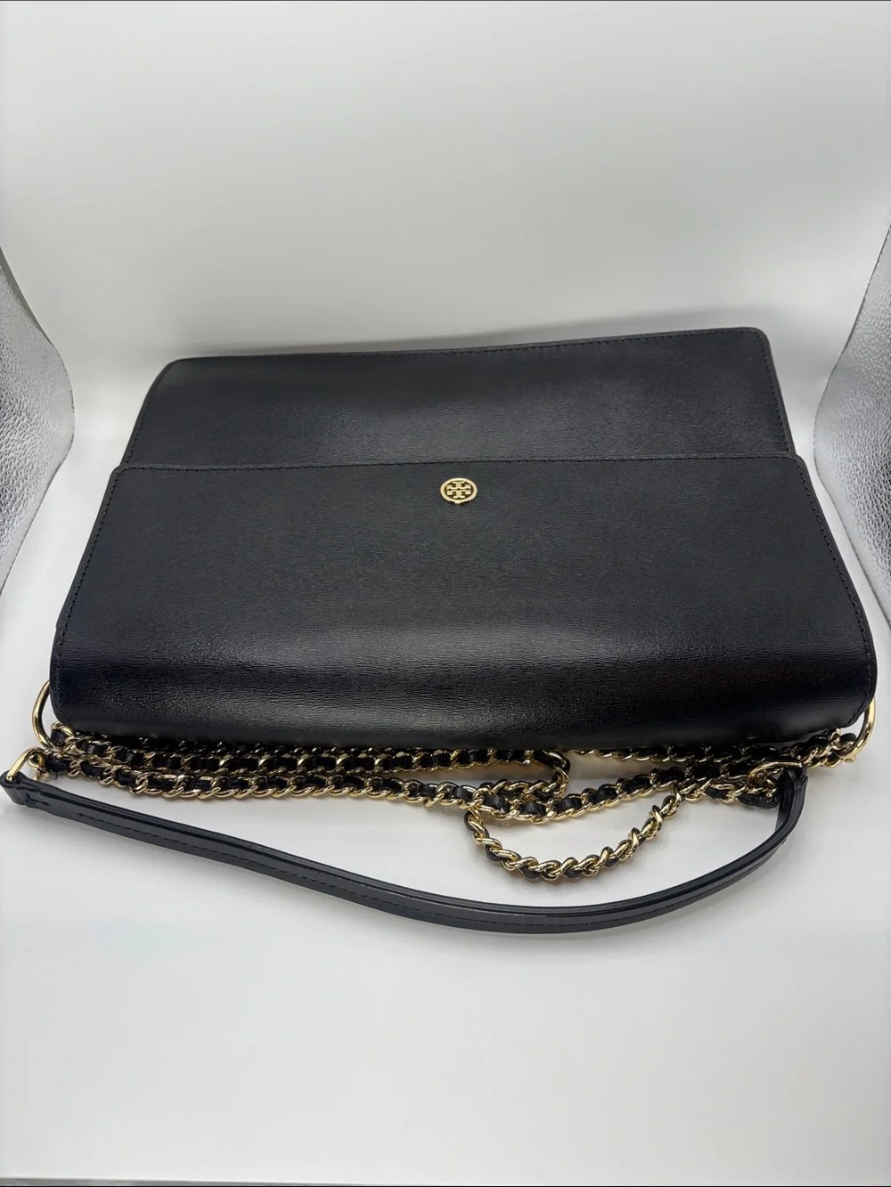 Tory Burch Black Leather Shoulder Bag with Gold Chain